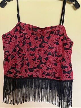 Moon River Red and Black Fringe Cami Top